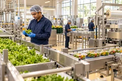 A technician checking fresh produce on a food processing line