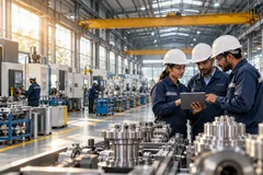 Engineers reviewing production plans in a modern manufacturing unit