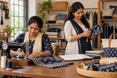 Women entrepreneurs working together in a small tailoring workshop